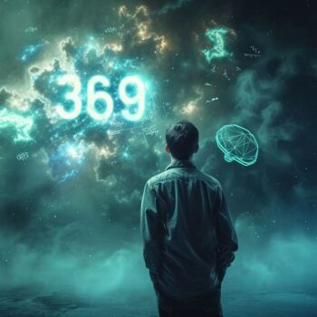 Man standing in front of cosmic display with glowing numbers 369 and geometrical shapes in a starry nebula.