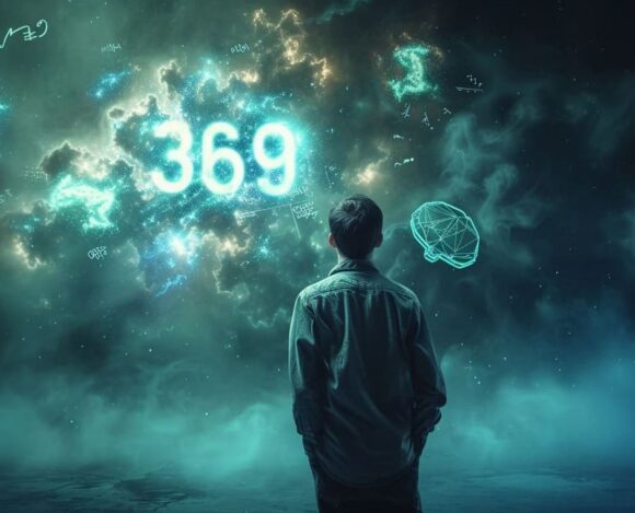 Man standing in front of cosmic display with glowing numbers 369 and geometrical shapes in a starry nebula.