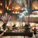 Zen meditation room with incense sticks, aromatic oils, candles, stones, and lavender flowers for relaxation and wellness atmosphere.