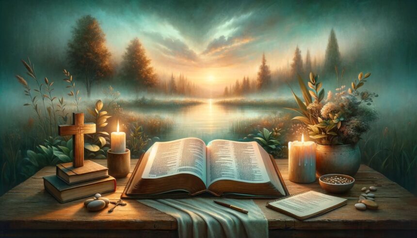 Serene lakeside scene with open book on wooden table, lit candles, wooden cross, and tranquil nature backdrop at sunset.