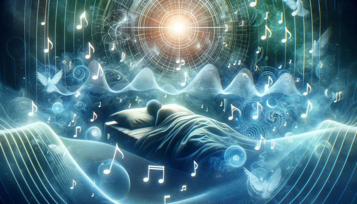 DALL·E 2024 01 07 13.43.03 A dreamlike ethereal scene depicting various musical notes and frequency waves gently floating around a sleeping person symbolizing the concept of u How to manifest before bed