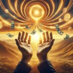 Hands reaching towards a swirling vortex of light with money symbols and bills against a sunrise mountain landscape.