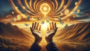 Hands reaching towards a swirling vortex of light with money symbols and bills against a sunrise mountain landscape.