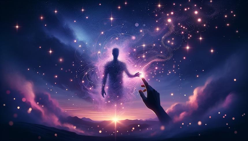 Cosmic energy silhouette human figure and hand reaching out with stars and nebula in purple sky