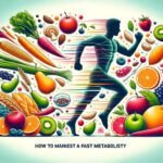 Illustration of a runner surrounded by healthy foods like fruits, vegetables, and grains with text 'How to manifest a fast metabolism'