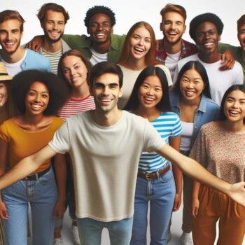 Diverse group of happy young adults posing together for a group photo