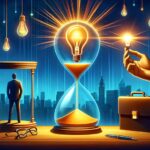 Inspirational concept art of innovation with light bulbs, hourglass, and businessman silhouette.