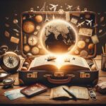 Fantasy travel concept with vintage suitcase open revealing a glowing book and world map, surrounded by travel icons, passport, boarding pass, compass, and airplane tickets on a wooden table.