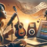 Woman recording music with microphone and headphones, guitar and audio interface beside laptop with music production software, musical notes floating in the air, sunset background.