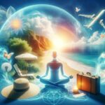 Meditation and travel concept with serene person, tropical beach, airplane, luggage, and spiritual symbols.