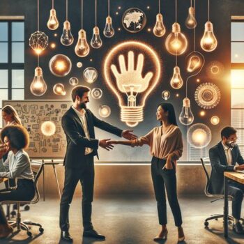 Business people shaking hands in a modern office with brainstorming graphics and light bulbs representing ideas.