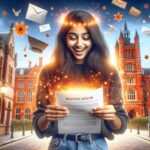 Happy young woman reading acceptance letter surrounded by magical glowing effects outside historical university building