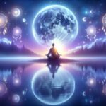 Person meditating by a serene lake under a giant moon with dreamcatchers and stars, with a mystical purple and blue night sky reflected in water.