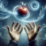 Surreal digital art of hands reaching for a levitating apple surrounded by mystical swirls and smoky blue background.