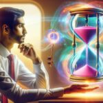 Businessman contemplating over a glowing hourglass with cosmic energy and a mystical key-floating concept.