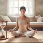 Woman practicing meditation in a peaceful living room with a large hourglass nearby.