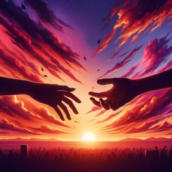 Two hands reaching towards each other against a vibrant sunset with purple clouds and stars in the sky.