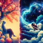 Surreal artwork of two scenes with people dreaming, one side showing a woman under a vibrant orange tree, the other a man sleeping on clouds under a cosmic sky.