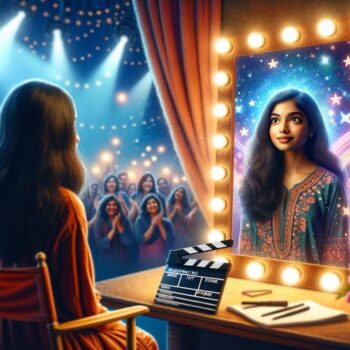 Woman admiring her reflection in a backstage mirror with lights at a theater, surrounded by an enthusiastic audience.