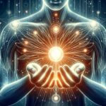 Futuristic human body with glowing energy chakras digital illustration