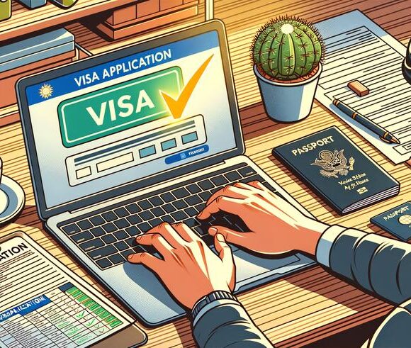 Man applying for visa online on laptop with passport and application form on desk