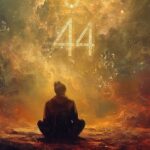 Mystical artwork of person meditating under cosmic sky with number 44 floating amidst stars and nebulas.