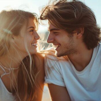 Happy young couple enjoying sunset together outdoors