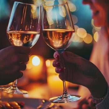 Couple toasting with white wine glasses in romantic dimly lit setting with bokeh lights