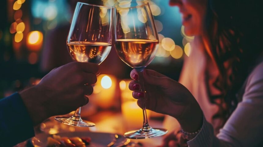 Couple toasting with white wine glasses in romantic dimly lit setting with bokeh lights