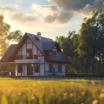 Modern two-story house with white siding and dark roof at sunset surrounded by trees and lush green lawn.