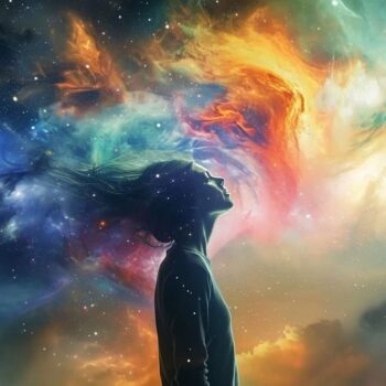 Woman silhouetted against vibrant cosmic nebula with flowing hair.