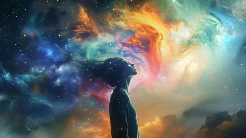 Woman silhouetted against vibrant cosmic nebula with flowing hair.