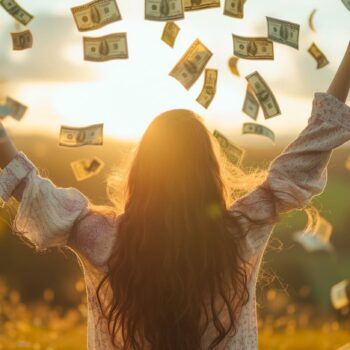 Woman throwing cash into the air during sunset in a field, depicting wealth and financial freedom