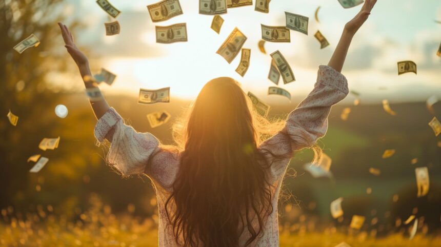 Woman throwing cash into the air during sunset in a field, depicting wealth and financial freedom