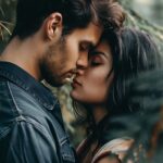 Romantic couple embracing and touching foreheads in a forest setting