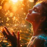 Woman enjoying sunlight in magical forest with sparkling lights