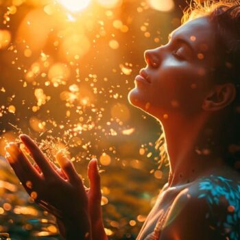 Woman enjoying sunlight in magical forest with sparkling lights