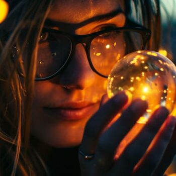 Woman holding illuminated crystal ball with bokeh lights at dusk