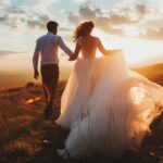 Bride and groom walking hand in hand in a sunset-lit field