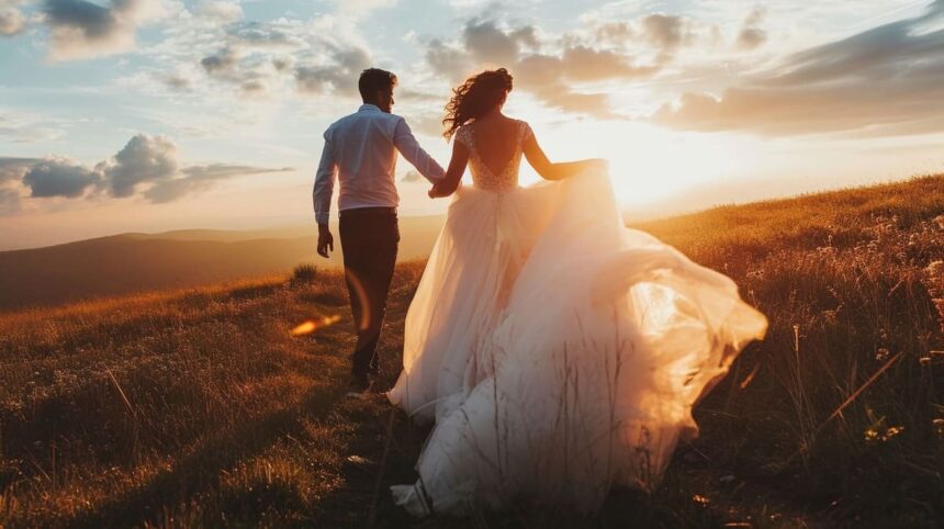 Bride and groom walking hand in hand in a sunset-lit field