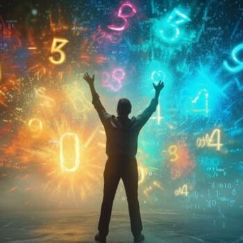 Person standing with arms raised amidst vibrant digital numbers and neon mathematical symbols with dynamic explosion of light in the background