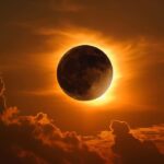 Beautiful eclipse with silhouette of the moon covering the sun over dramatic cloudscape.