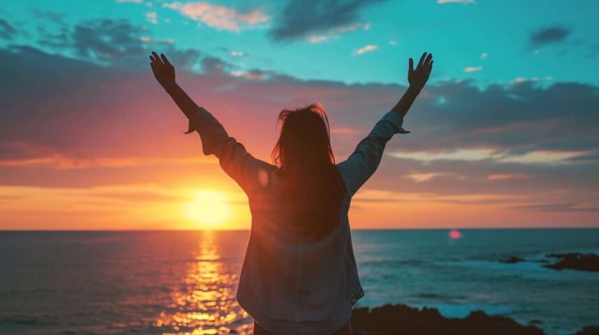Woman raising arms in celebration at sunset by the sea