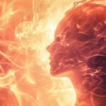 Abstract fiery woman profile with dynamic flames and flowing hair in warm tones