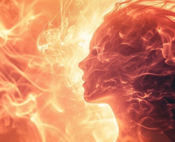 Abstract fiery woman profile with dynamic flames and flowing hair in warm tones