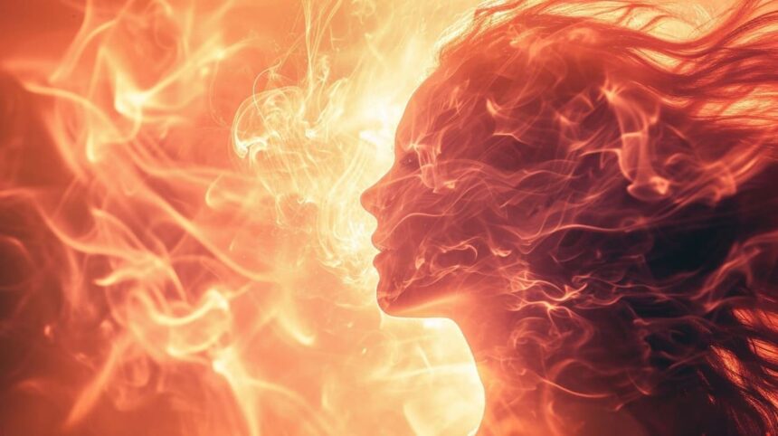 Abstract fiery woman profile with dynamic flames and flowing hair in warm tones