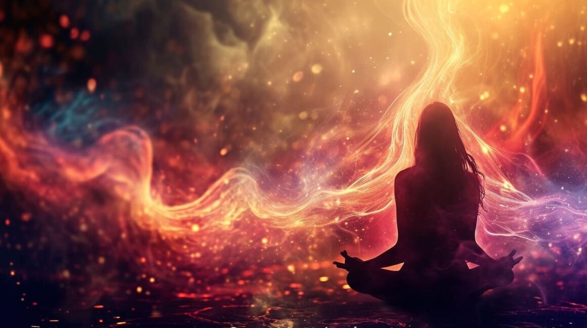 Woman meditating with vibrant cosmic energy and colorful nebula background