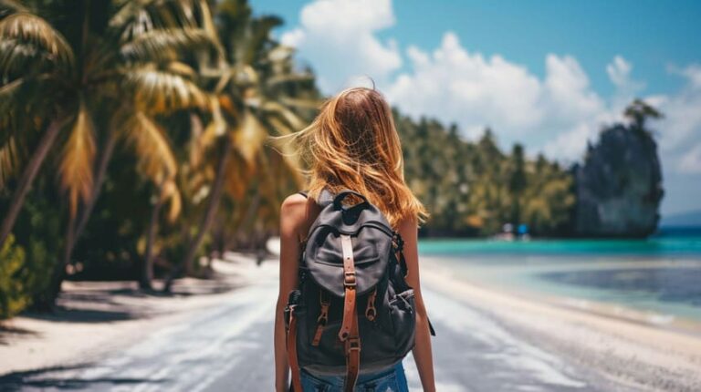 Woman with backpack walking on tropical beach with palm trees and clear blue water