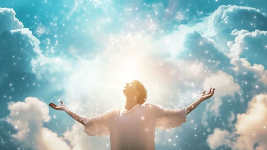 Man with arms raised towards the sky experiencing spiritual awakening or freedom with sparkling lights and clouds in the background.