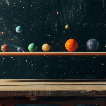 Solar system model with planets lined up on a wooden shelf against a starry background.